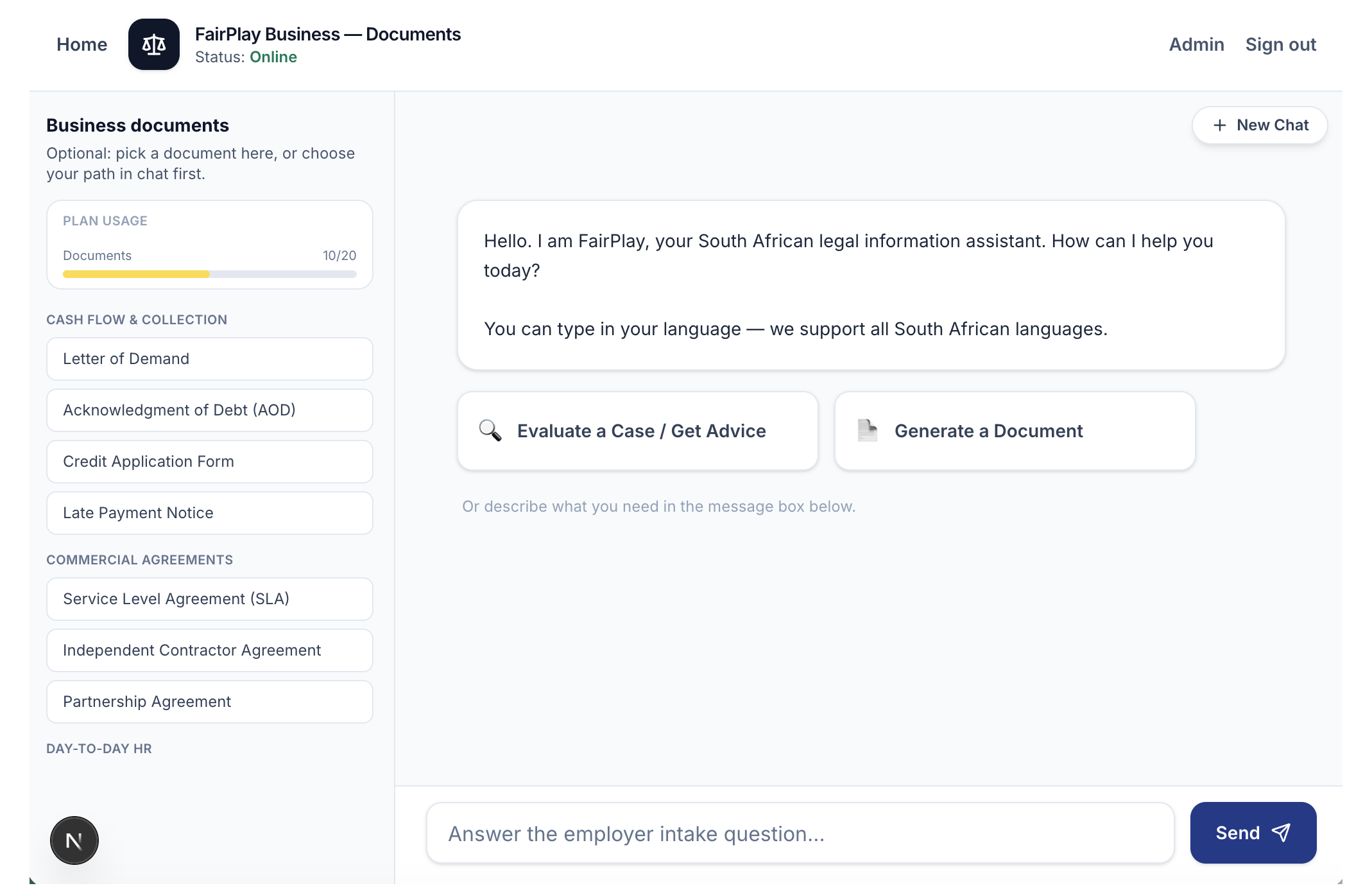 FairPlay Business workspace showing AI document generation and legal advisor
